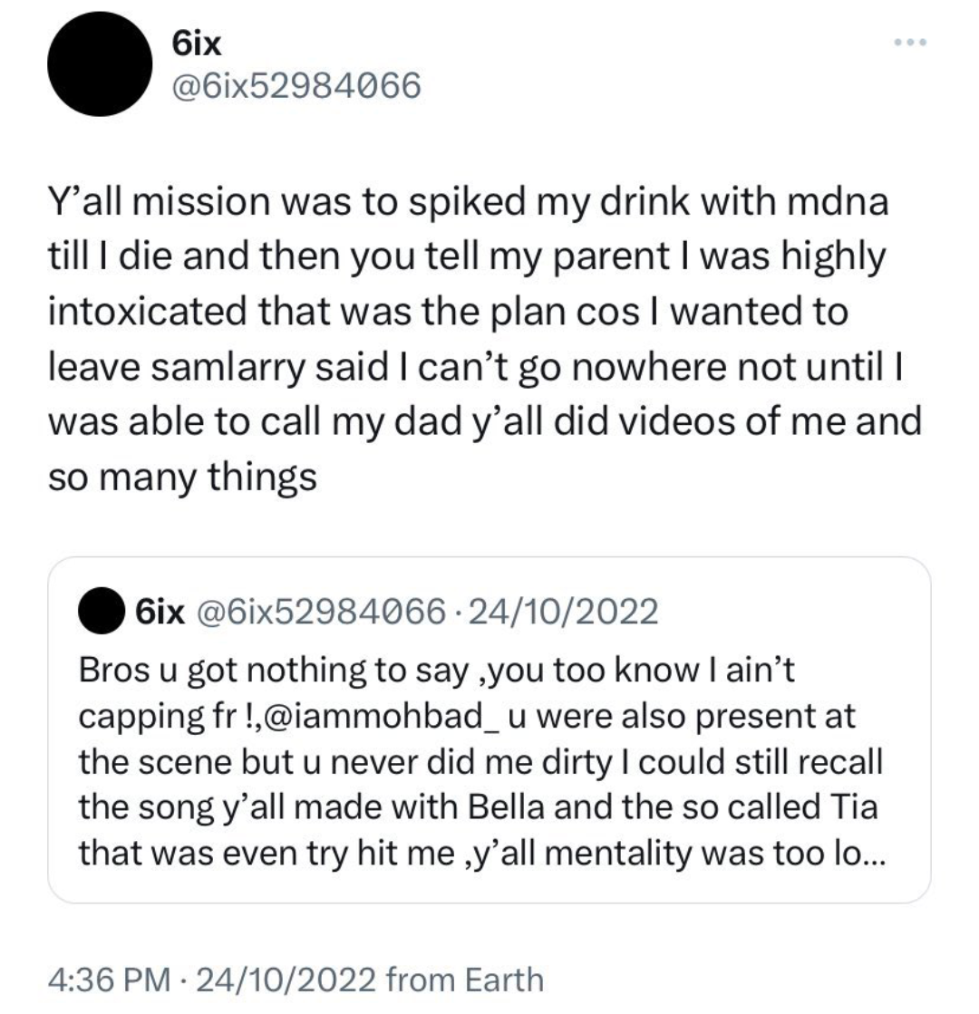 Old tweets emerge of former Marlian member, 6ix, alleging Naira Marley, Sam Larry and others attempted to drug and kill him