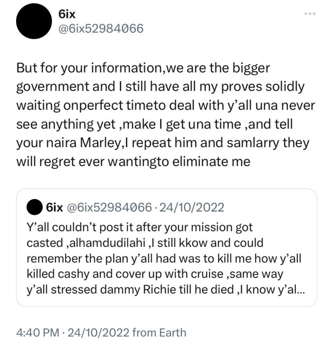 Old tweets emerge of former Marlian member, 6ix, alleging Naira Marley, Sam Larry and others attempted to drug and kill him