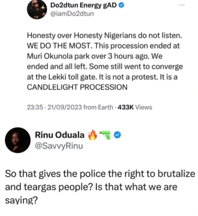 OAP Dotun and activist Rinu clash on X after he said protesters pushed the police to fire teargas at them at Mohbad?s memorial (video)