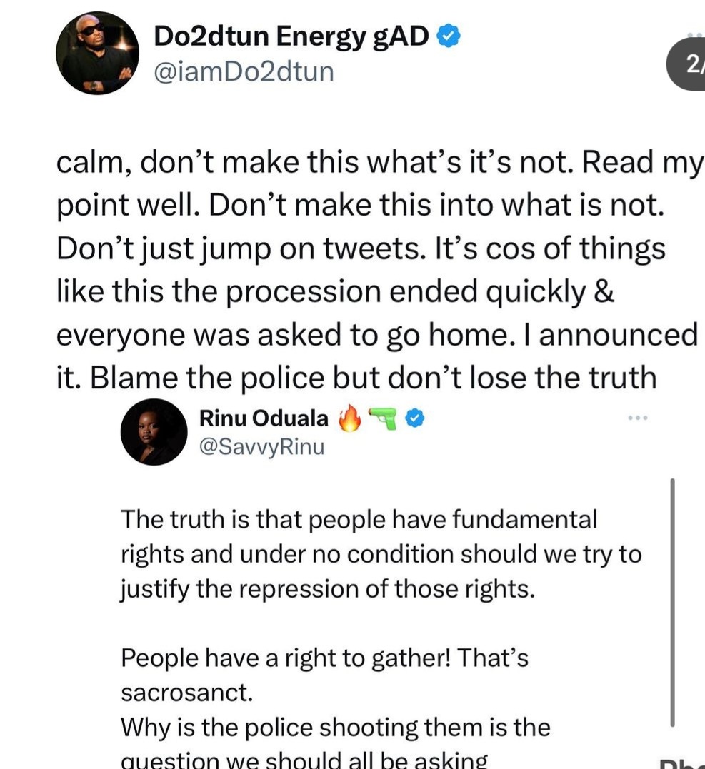 OAP Dotun and activist Rinu clash on X after he said protesters pushed the police to fire teargas at them at Mohbad?s memorial (video)