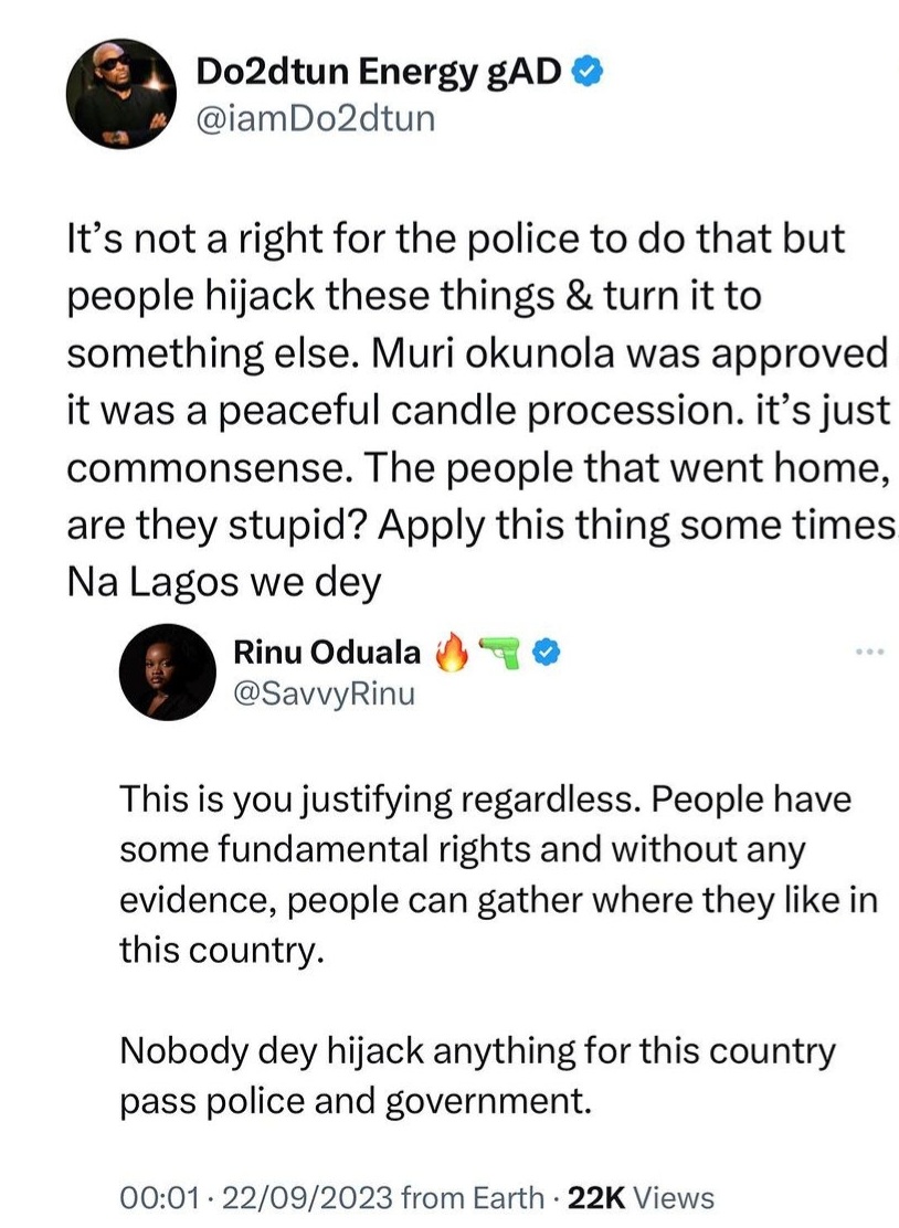 OAP Dotun and activist Rinu clash on X after he said protesters pushed the police to fire teargas at them at Mohbad?s memorial (video)