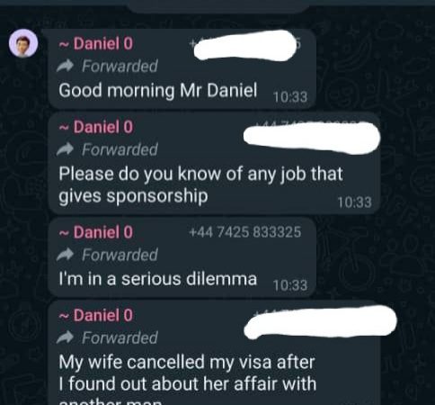 Nigerian married man asked to leave the UK after his wife who he found out was cheating and set to marry another man, cancelled his dependent visa