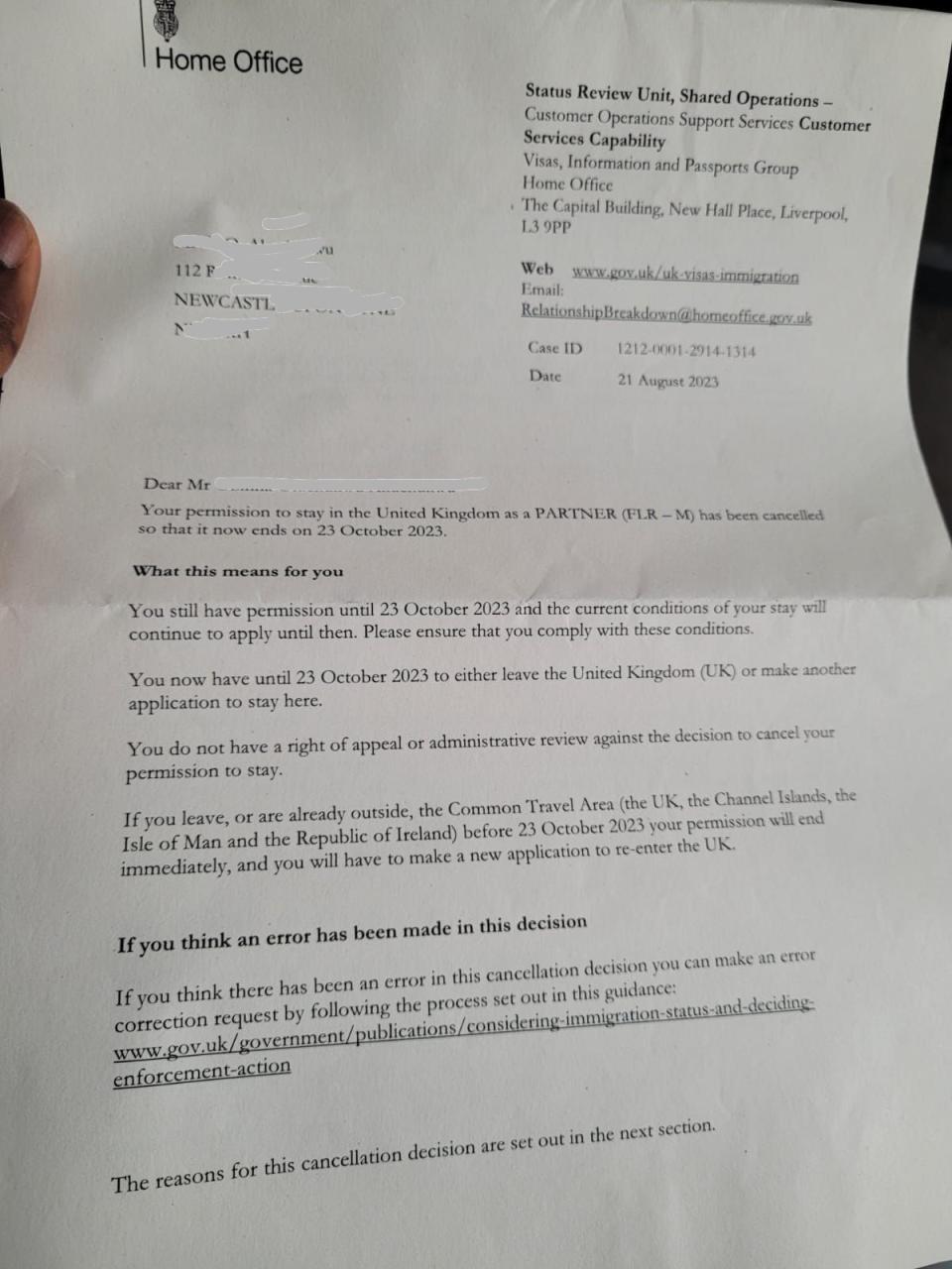 Nigerian married man asked to leave the UK after his wife who he found out was cheating and set to marry another man, cancelled his dependent visa