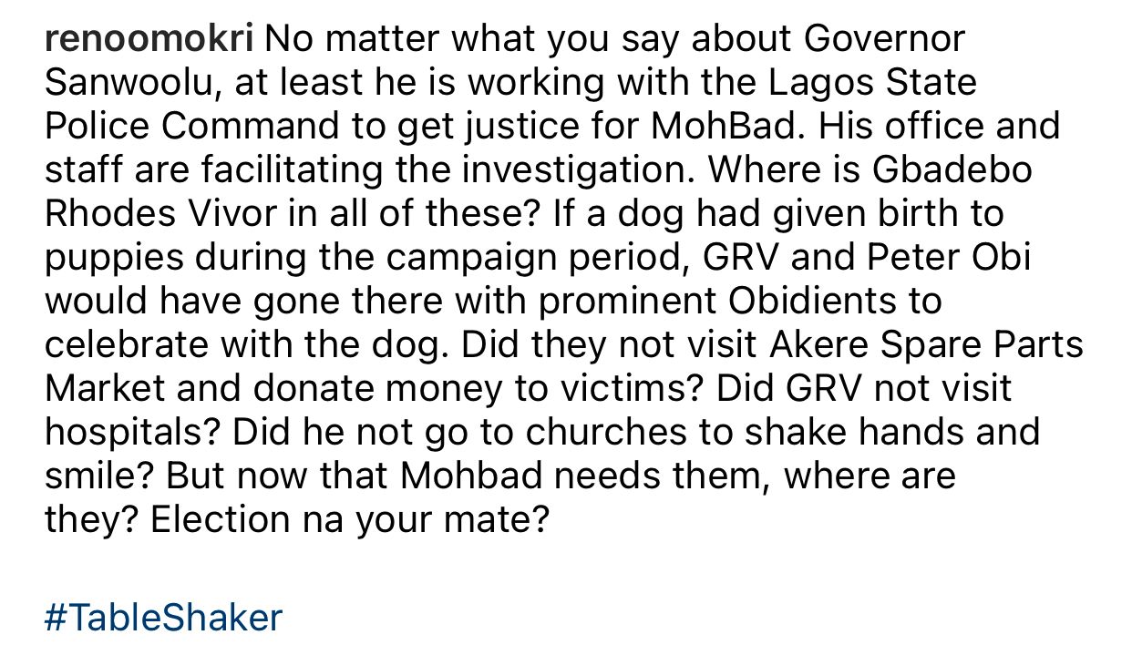 Sanwo-Olu is working to get Justice for Mohbad. Where is Gbadebo Rhodes-Vivour and Peter Obi now that Mohbad needs them? ? Reno Omokri asks