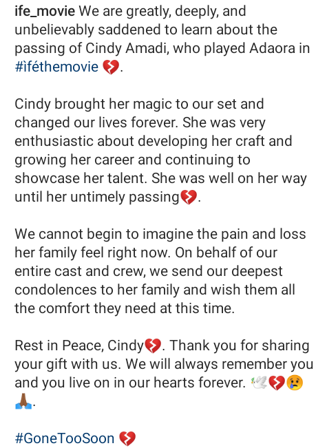 Nigerian actress, Cindy Amadi dies