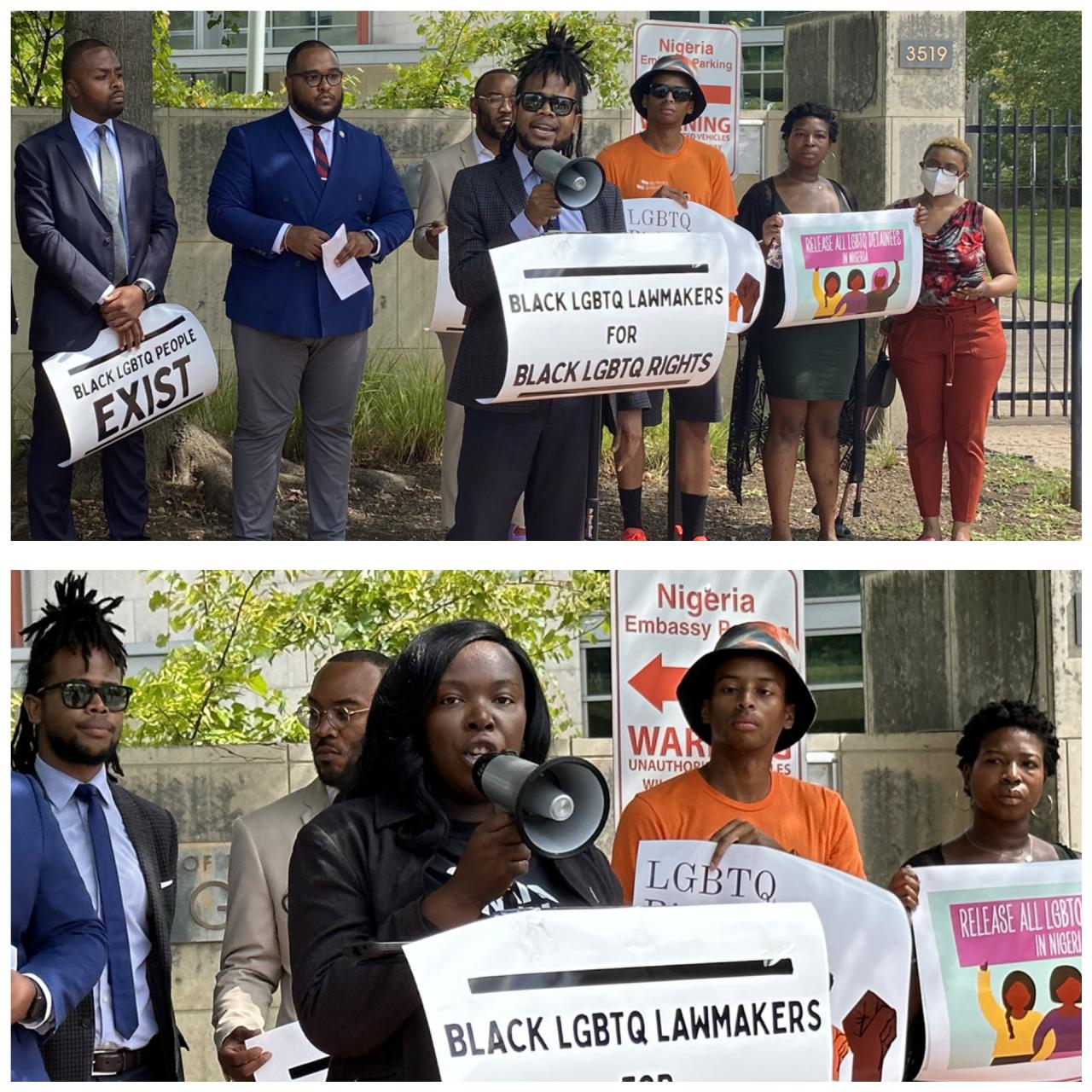 Black LGBTQ lawmakers and activists protest outside Nigerian embassy in Washington, call for release of gay suspects arrested at same-sex wedding in Delta (video)