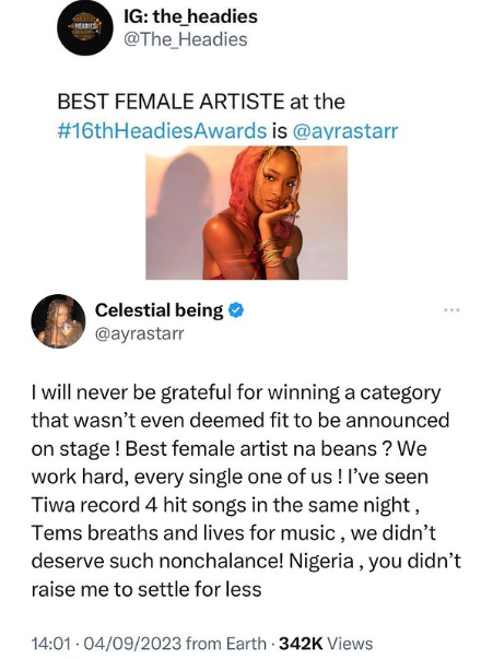 Ayra Starr reacts after organizers of The Headies awards failed to present award for Best Female Artist which she won on stage