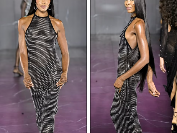 Supermodel Naomi Campbell, 53, storms the runway in a see-through dress she designed at New York Fashion Week