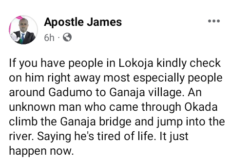 Man commits suicide by jumping into river in Kogi