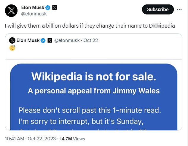 Wikipedia owner, Jimmy Wales sends strong message after Elon Musk offers a billion dollars to change company