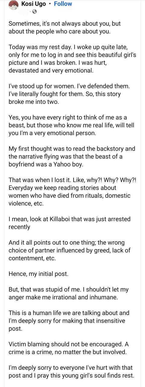 "Every time a girl is killed by her Yahoo boyfriend,  it gives me unexplainable joy" Male Facebook user, Kosi Ugo, writes following the death of Justina Otuene Nkang