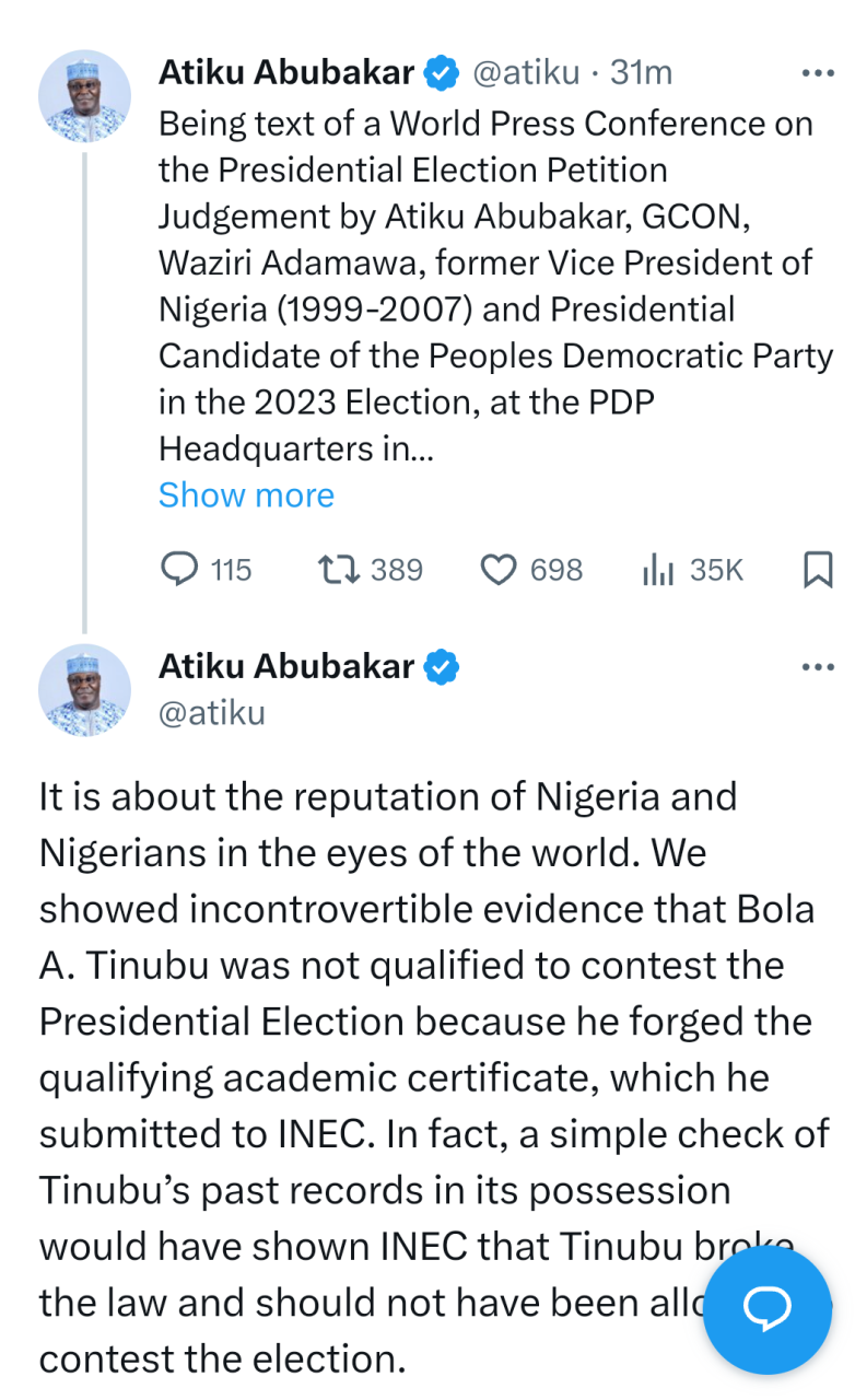 The Judgement normalises identity theft and forgery ? Atiku addresses Supreme Court Judgement upholding Tinubu