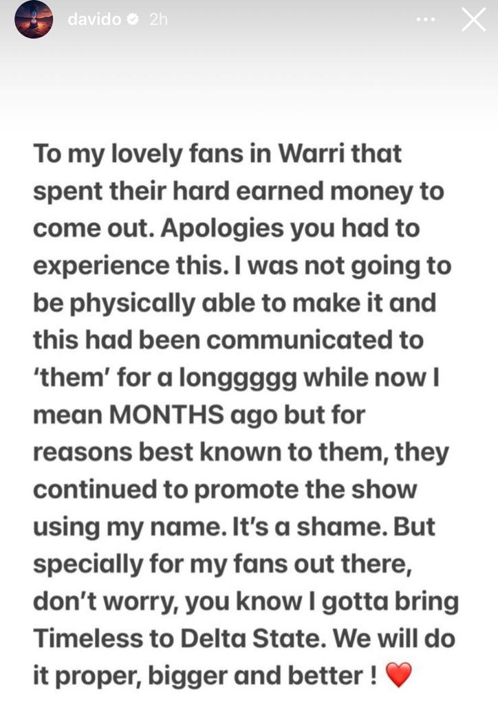 Warri show: I informed the organizers months ago that I will not make it but they continued to promote the show using my name - Davido says as he continues to slam Amaju Pinnick.