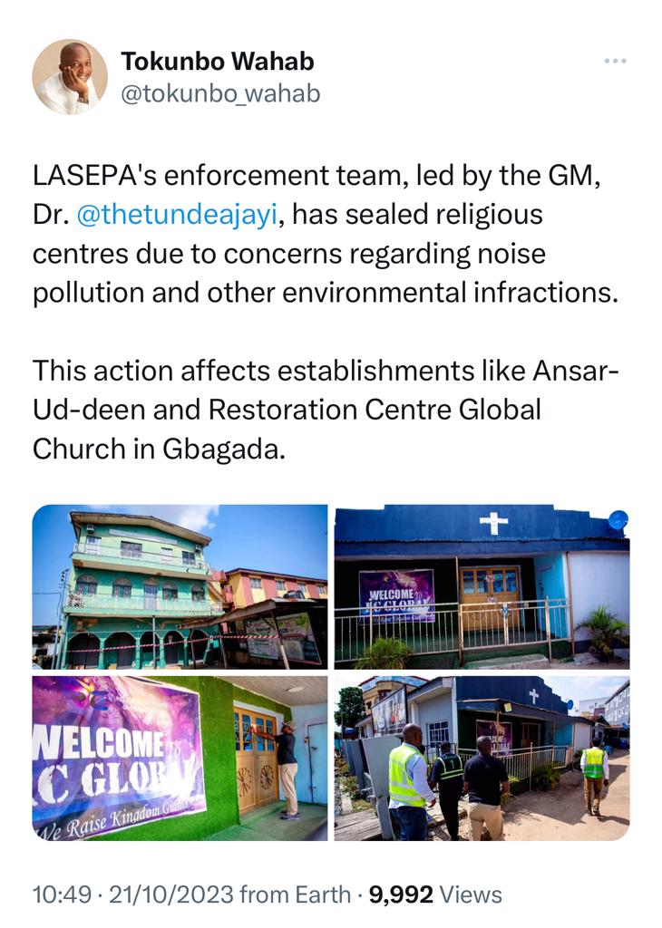 Lagos state govt seal up Mosque and Church over noise pollution