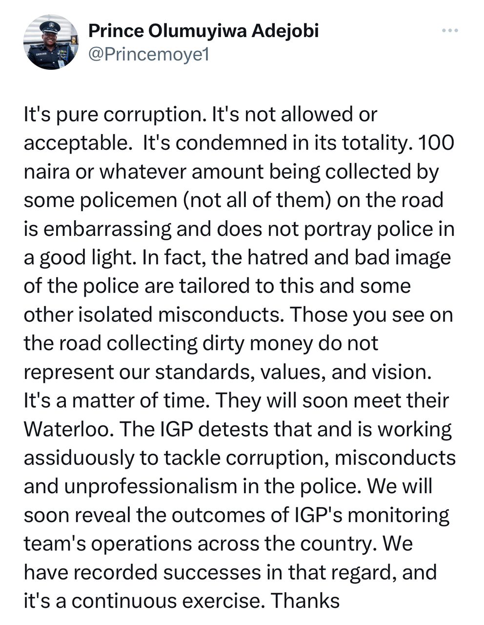 N100 being collected by some policemen on the road is embarrassing and does not portray police in a good light - Police spokesperson, Adejobi says