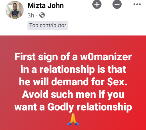 First sign of a womanizer in a relationship is that he will demand for s*ex. Avoid such men – Nigerian man advises ladies