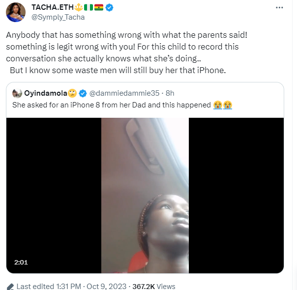 Something is legit wrong with you- Tacha berates Nigerians condemning parents who slammed their daughter for requesting for an iphone 8