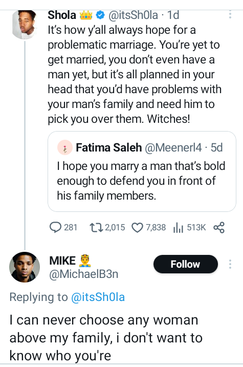 I can never choose any woman above my family - Nigerian guy says after lady wrote "I hope you marry a man bold enough to defend you in front of his family members?