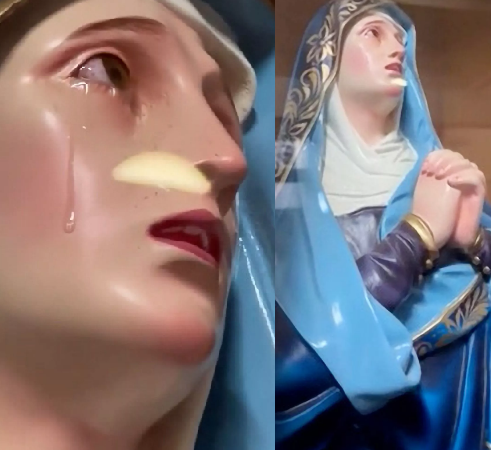 Real life “miracle” witnessed as statue of Virgin Mary is filmed “crying” with eyes turning “red”
