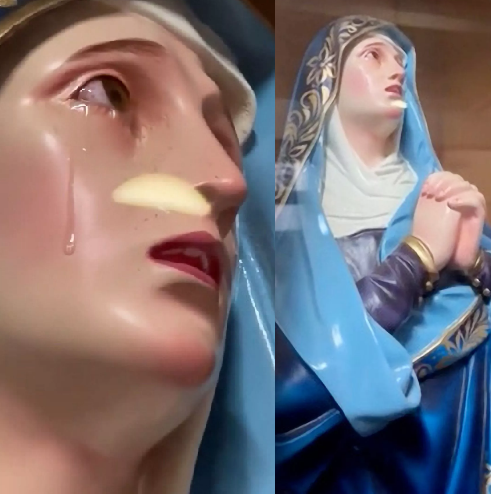 Real life “miracle” witnessed as statue of Virgin Mary is filmed “crying” with eyes turning “red”