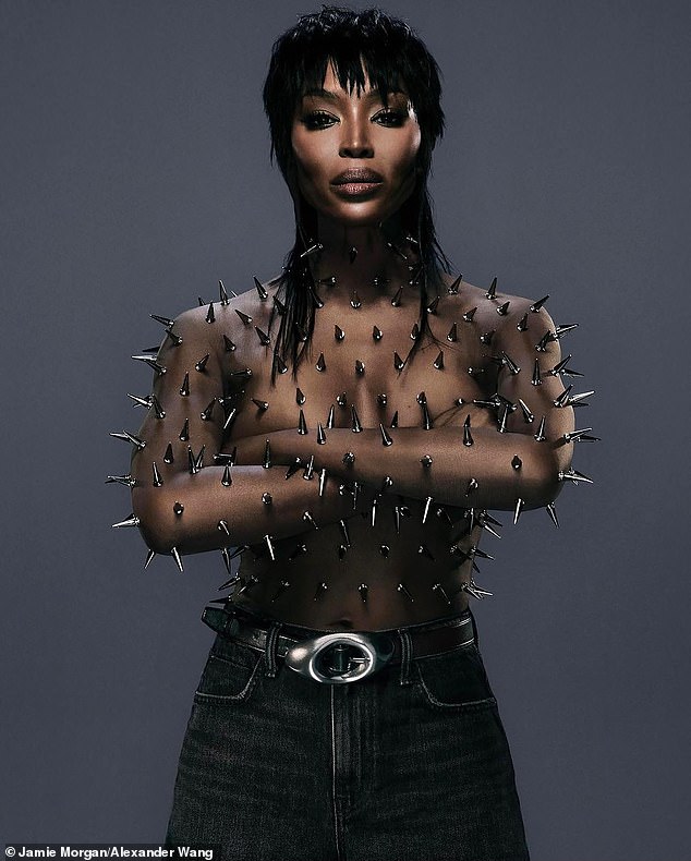 Supermodel  Naomi Campbell poses nude with her entire body covered in silver spikes