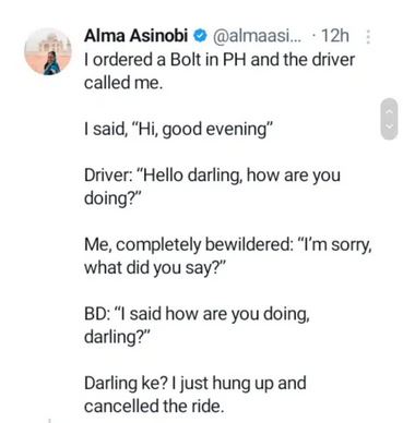 Nigerian Lady Cancels Bolt Ride After Driver Called Her ‘Darling’