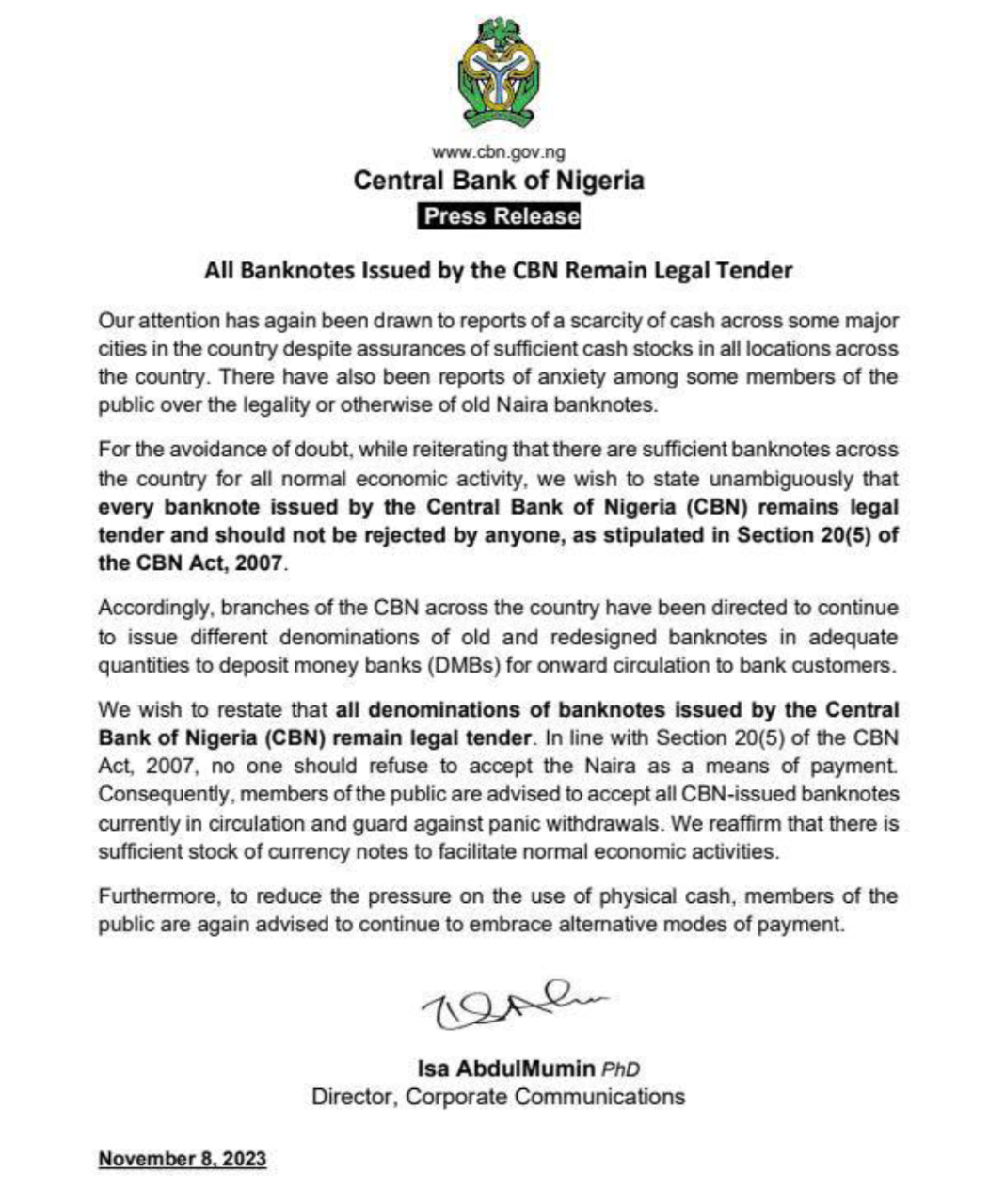 No one should refuse to accept old naira notes - CBN tells Nigerians