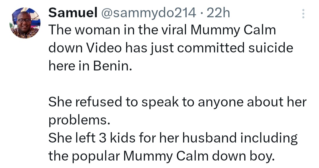 Woman in viral "Mummy calm down" video reportedly commits su!cide