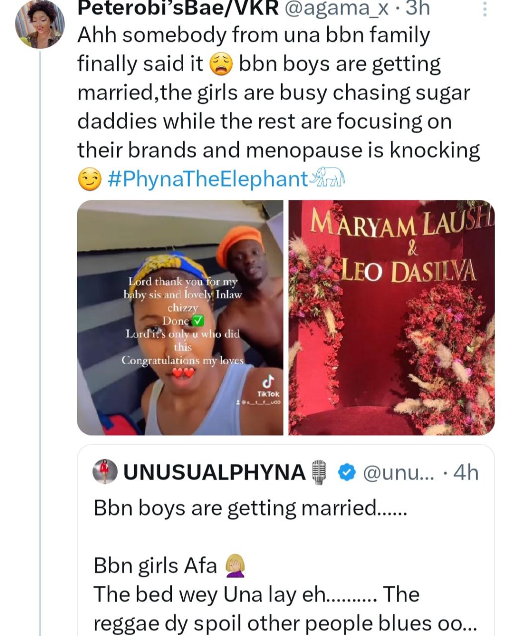 Phyna questions her female colleagues as they remain single while the men get married