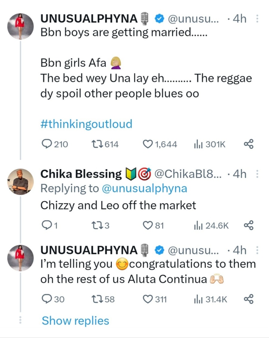 Phyna questions her female colleagues as they remain single while the men get married