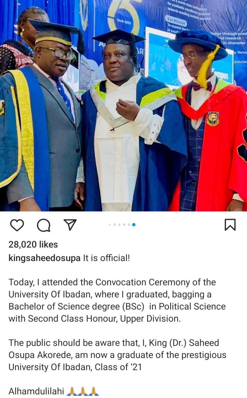Singer, Saheed Osupa graduates with a Bachelor