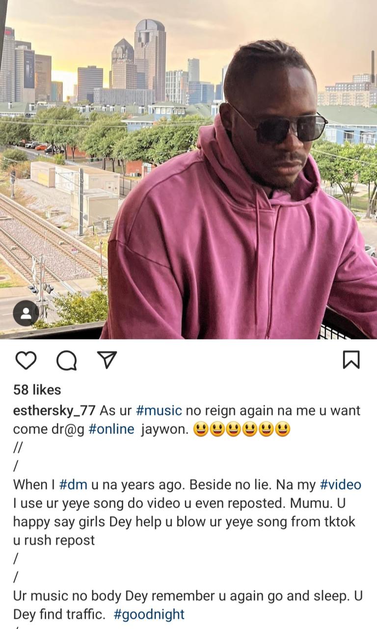 Jaywon is using me to trend because his music is not "reigning" again ? Esther Nwachuwku hits back after the singer slammed her