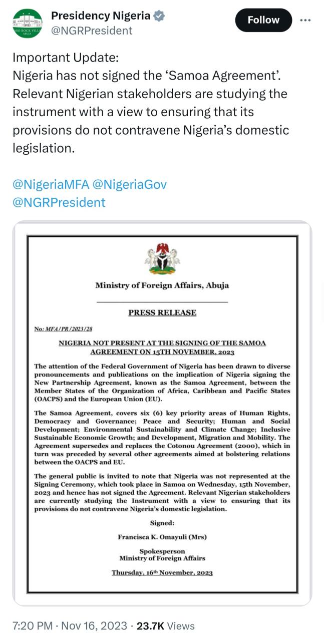 Nigeria has not signed the ?Samoa Agreement? - Presidency replies after civil society groups raised alarm over controversial 