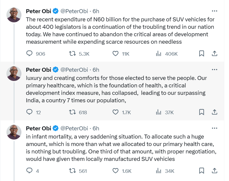 Spending N60 billion for the purchase of SUV for about 400 legislators is a continuation of the troubling trend in our nation - Peter Obi