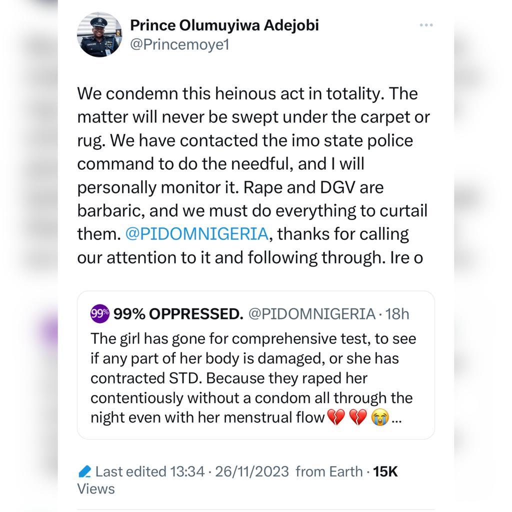 The matter will never be swept under the carpet or rug - Police PRO, Muyiwa Adejobi, reacts to story of 20-year-old lady allegedly gangr@ped in Imo