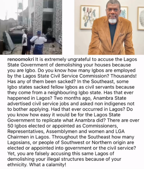 It is extremely ungrateful to accuse the Lagos State Government of demolishing your houses because you are Igbo - Reno Omokri