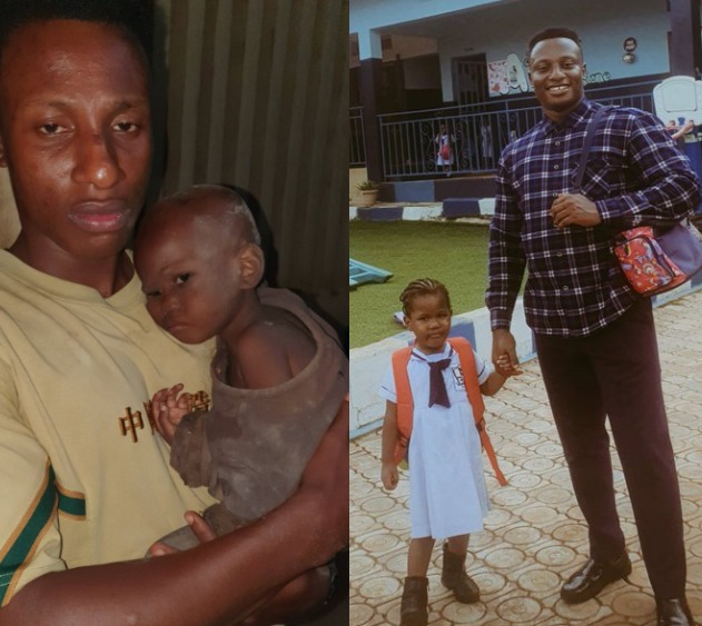 Young man who found a baby girl dumped by the road side in Enugu in June 2022, shares new heartwarming photo of him and the girl