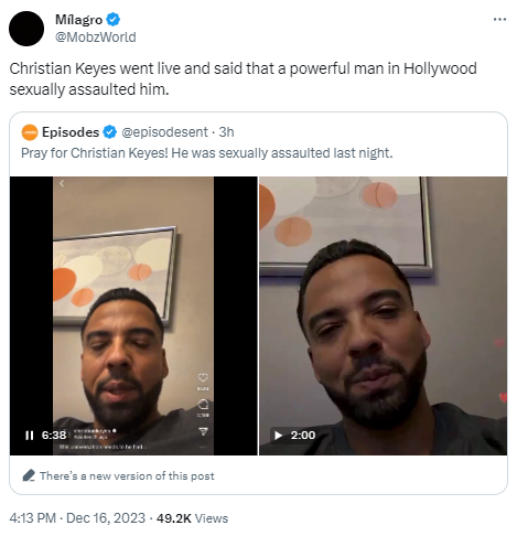Actor Christian Keyes says he was sexually assaulted for years by a powerful man in Hollywood and threatens to release evidence (video)