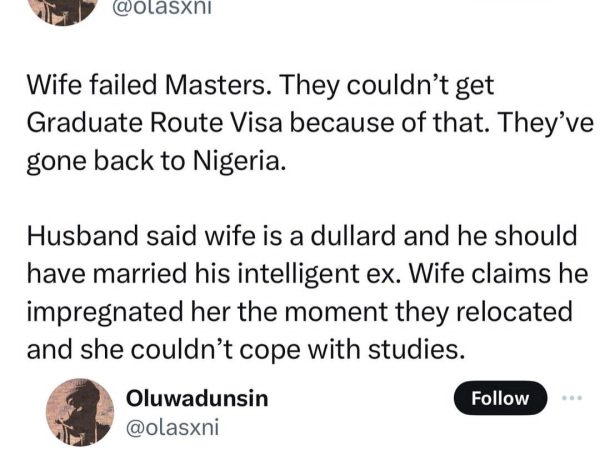 Woman whose husband wants divorce after she failed Master’s program abroad shares her side of the story