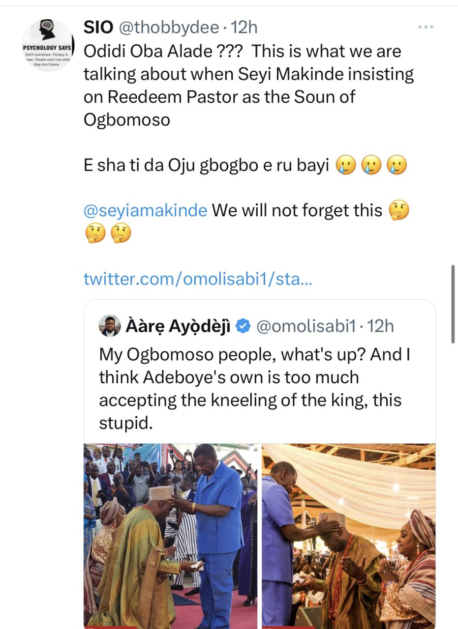 Nigerians react to photos of the Soun of Ogbomosho kneeling before Pastor Adeboye for prayers