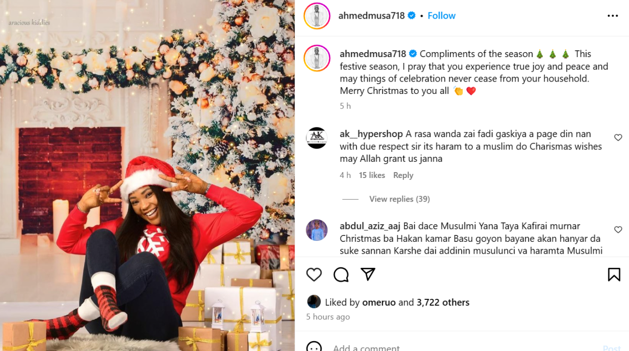 Reactions as Ahmed Musa shares his wife?s photo in celebration of Christmas