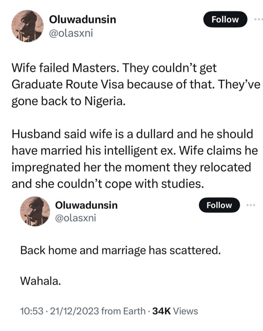 Woman whose husband wants divorce after she failed Master