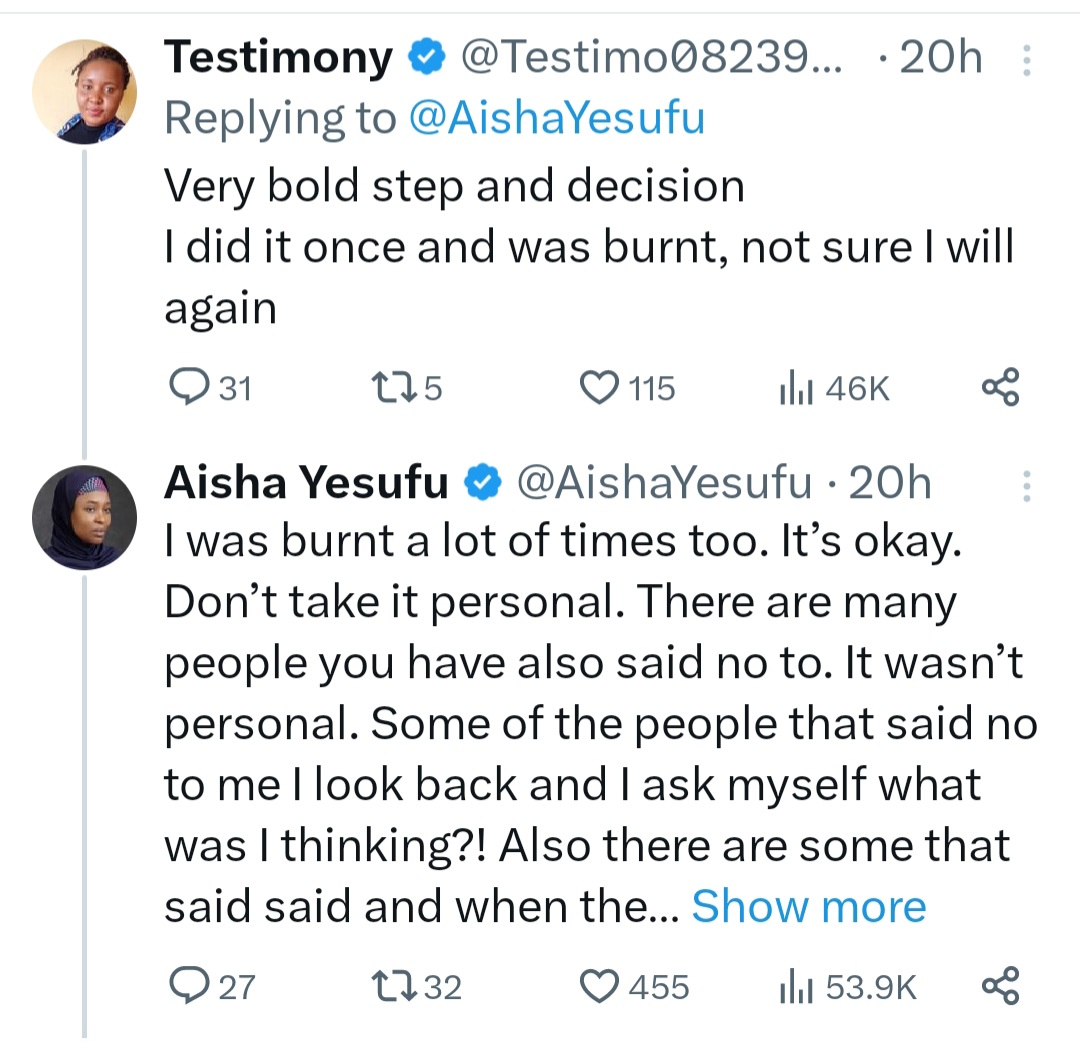 "I have never believed that I have to wait for a man to toast me," Aisha Yesufu says as she recounts how she asked her husband out