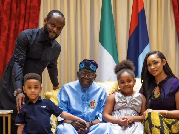 Lovely new photos of President Tinubu with his son, Seyi, daughter in-law Layal and their kids