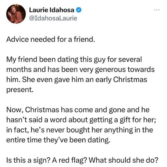 Is this a red flag? – Lady asks as the man she has been dating for a while failed to give her a Christmas gift even after she gave him one