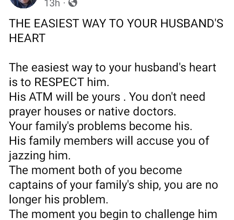 “The easiest way to your husband’s heart is to respect him. His ATM will be yours” – Nigerian man tells women