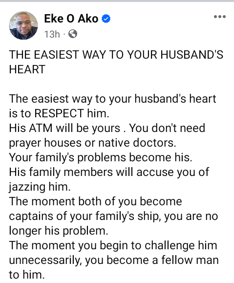 “The easiest way to your husband’s heart is to respect him. His ATM will be yours” – Nigerian man tells women