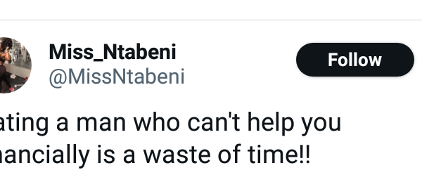 Dating a man who can’t help you financially is a waste of time – South African lady says