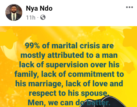 99% of marital crisis are attributed to a man’s lack of supervision over his family, lack of love and respect for his spouse – Nigerian marriage coach says