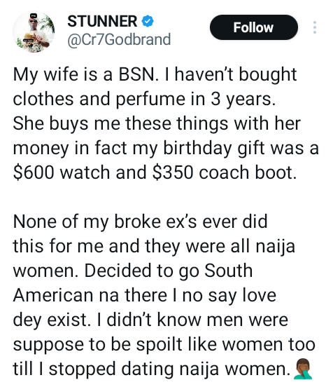 I stopped dating Naija ladies – U.S based Nigerian man praises his ‘generous’ South American wife as he advises men to avoid broke women